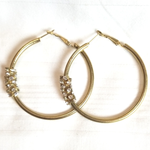 Gold Rhinestone Charm Hoop Earrings - Picture 3 of 4